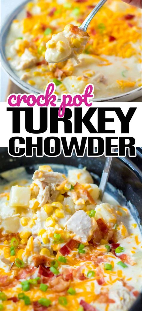 This hearty and delicious Crock Pot Turkey Chowder is so easy to make and is the perfect recipe to use your leftover holiday turkey in! Leftover Turkey Recipes Crockpot, Turkey Leftovers Crockpot, Corn Chowder Crockpot, Turkey Chowder, Turkey Soup Crockpot, Slow Cooker Turkey Soup, Crock Pot Turkey, Shredded Turkey Recipes, Turkey Crockpot Recipes