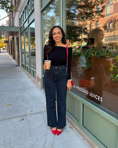 I heard pops of red are in and, my Target jeans needed a permanent spot on my feed! 😊 Comment RED to receive a DM with the link to full outfit details on my LTK ⬇ https://liketk.it/4TQS3 #fallfits #redheels #redaccessories #targetstyle #vicidolls #brunchfit #annarbor #michigan Red Heels And Jeans Outfit, Red Shoulder Bag Outfit, Red Pumps Outfit, Red Flats Outfit, Red Jeans Outfit, Red Heels Outfit, Off The Shoulder Black Top, Kitten Heels Outfit, Black Heels Outfit