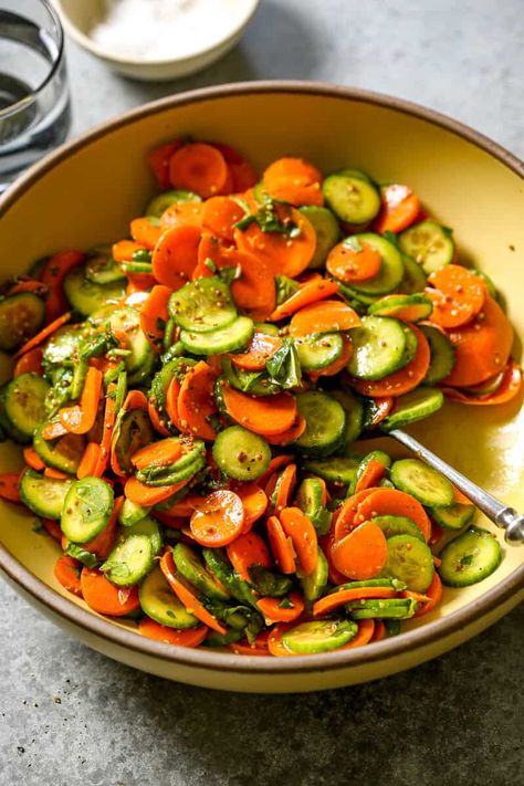 Carrot and Cucumber Salad Recipe Healthy Carrot Salad Recipes, Carrot And Cucumber Salad, Tiktok Cucumber Salad, Carribean Salad, Carrot Pineapple Salad, Sour Cream Potato Salad, Cucumber Carrot Salad, Carrots And Cucumbers, Carrots Recipes