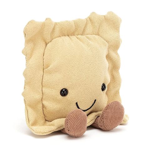 Introducing Amuseable Ravioli by Jellycat. Coming in soft cream fur, with a stitched frill edge, a happy smiley face and the ubiquitous brown cordy booties! The perfect present for Italian food fans, chefs, cooks or anyone with a taste for the quirky! Food Plushies, Jellycat Stuffed Animals, Cute Stuffed Animals, On The Floor, Ravioli, 귀여운 동물, The Floor, Soft Toy, Stuffed Animal