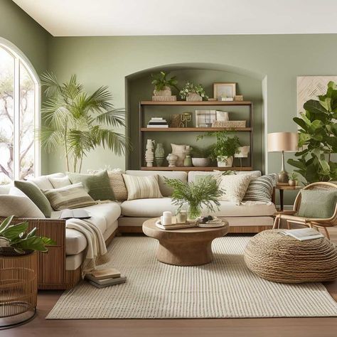 Modern Green Living Room, Living Room Design Green, Green Living Room Decor, Living Room Color Schemes, Living Room Sofa Design, Room Color Schemes, Living Room Green, Green Rooms, Boho Living Room