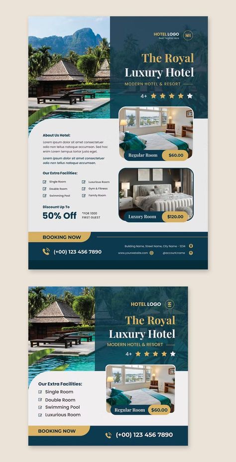 Trip Flyer Design, Hotel Flyer Design, Hotel Marketing Design, Poster Design Kids, Travel Brochure Design, Corporate Fonts, Inmobiliaria Ideas, Hotel Ads, Hotel Marketing