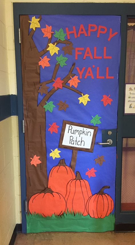 October Door Decorations, Fall Themed School Doors, Fall School Door Ideas, Cute Fall Classroom Doors, Fall Themed Classroom Door Ideas, Welcome To Our Patch Classroom Door, Pumpkin Patch Door Decoration, Halloween Pumpkin Door Decorations, Easy Fall Door Decorations Classroom