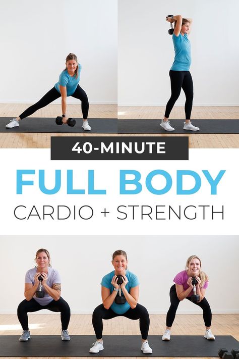 If you want an effective full body workout that builds muscle and burns fat; do this 35-minute cardio and strength training workout at home! Pairing dumbbell strength circuits with cardio Tabata intervals for a total body burn. Start with 2-3 dumbbell strength exercises to build muscle. Then test your cardio endurance with quick bursts of Tabata HIIT training. The best combination of cardio and weight training in one effective, full body workout! Total Body Burn Workout, Full Body Strength And Cardio Workout, Cardio Strength Circuit, 35 Minute Full Body Workout, Full Body Strength Hiit Workout, Cardio Workout With Weights, Weighted Cardio Workout, Best Full Body Workout At Home, At Home Body Weight Workout