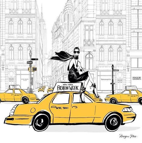 New York Fashion Week by Megan Hess Illustration #NYFW - I now have this!! and I love it on my wall!!!! Megan Hess Illustration, Kerrie Hess, Fashion Design Inspiration, Megan Hess, Nyc Fashion Week, Yellow Taxi, Taxi Cab, Illustration Fashion Design, Sketch Inspiration