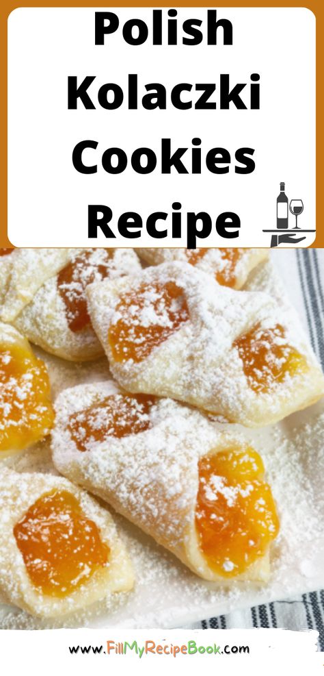 Polish Kolaczki Cookies Recipe. An easy authentic dessert or snack, dough made with cream cheese and butter, filled with apricot jam. Kalochky Cookies, Kolache Recipe Polish, Recipes With Apricot Jam, Kieflies Recipe, Apricot Kolache Recipe, Kolachi Cookies, Apricot Jam Cookies, Apricot Cookies Recipe, Kolaczki Cookies Recipe