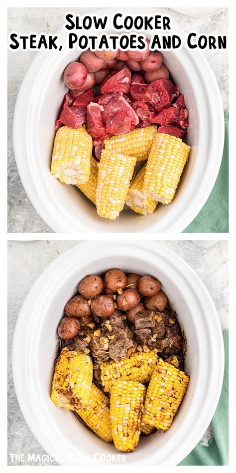 Essen, Dinners Crockpot, Potatoes And Corn, Crockpot Steak, Slow Cooker Steak, Crock Pot Potatoes, Recipes Slow Cooker, Steak Potatoes, Crock Pot Food