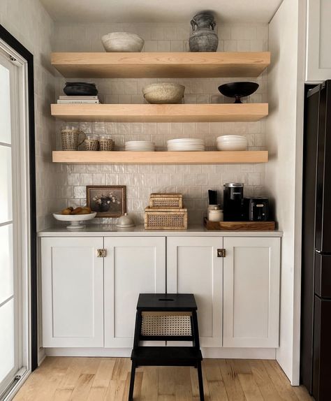 Dry Bar Kitchen Ideas, Dry Bar Open Shelves, Kitchen Buffet With Floating Shelves, Coffee Bar With Cabinets Above, Floating Shelves Butlers Pantry, Sideboard With Floating Shelves Above, Dry Bar With Floating Shelves, Coffee Bar With Floating Shelves, Floating Shelves Coffee Bar