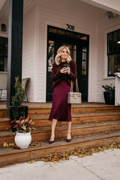 MONOCHROMATIC WORK OUTFITS // MUSE MONDAY Satin Skirt Outfit, Monochromatic Fashion, Burgundy Outfit, Monochromatic Outfit, Boujee Outfits, Mid Summer, Pastel Outfit, Cold Outfits, Dark Autumn