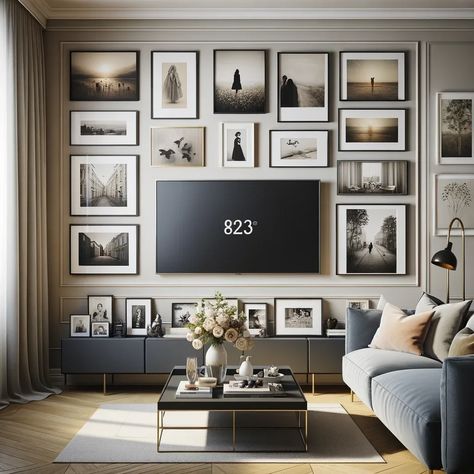 Family Pictures Around Tv, Large Wall Decor Living Room Family Photos, Tv Wall With Photo Frames, Living Room Gallery Wall Around Tv, Photo Wall Above Tv, Family Photo Above Fireplace, Tv Gallery Wall Ideas Decorate Around Tv, Gallery Wall With Tv Mounted Tv, Tv Collage Wall