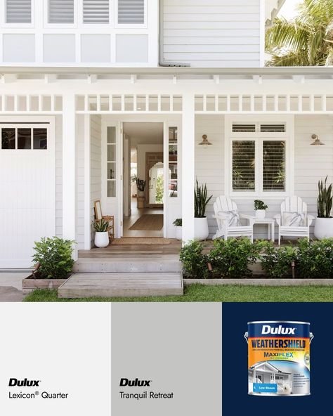 Dulux Australia on Instagram: “Hampton style homes create a permanent coastal paradise. The secret to this facade is Dulux Tranquil Retreat and Dulux Lexicon® Quarter…” Hampton Style Front Porch, White Hamptons House Exterior, Tranquil Retreat Dulux Exterior, Hampton Lights, Hamptons House Facade, Dulux Lexicon Quarter, Hamptons House Exterior Australia, Hamptons Front Door, Queenslander Exterior