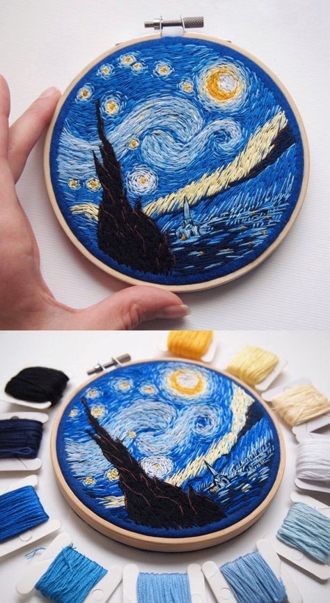 Starry Night Embroidery Pattern, Cushion Embroidery, Embroidery Hoop Wall Art, Crochet Brooch, Arte Van Gogh, Hand Embroidery Kit, Hand Embroidery Projects, Thread Painting, Sewing Embroidery Designs