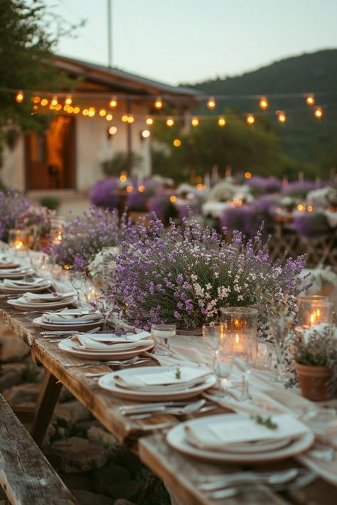 29 Boho Wedding Ideas for a Dreamy Celebration 5 Lavender Theme Wedding Decor, Lavender Wedding Place Setting, Wedding Flowers On Tables, Boho Wedding Lavender, Wedding Table Settings Lavender, Nature Table Setting, Lavender Country Wedding, Modern Lavender Wedding, Wedding Flower Purple