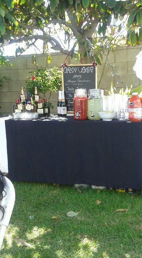 Alcohol Bar Wedding Ideas, Bar For Outdoor Party, Pour Your Own Drink Bar, Self Serve Beverage Bar, Wedding Bar Ideas Self Serve, Self Bar Wedding, Self Serve Drinks Station Wedding, Backyard Bar For Party, Diy Self Serve Wedding Bar