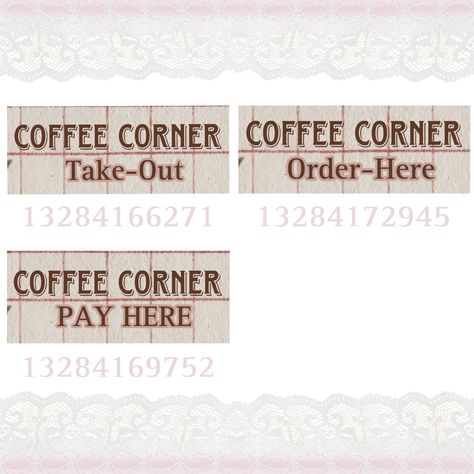 Bloxburg Diner Ideas Layout, Bloxburg Cafe Picture Codes, Bloxburg Drink Bar, Cafe Sign Bloxburg Codes, Coffee Shop Decals Bloxburg, Bloxburg Boba Shop Decals, Coffee Decals Bloxburg, Bloxburg Cafe Menu Decals, Bloxburg Concert