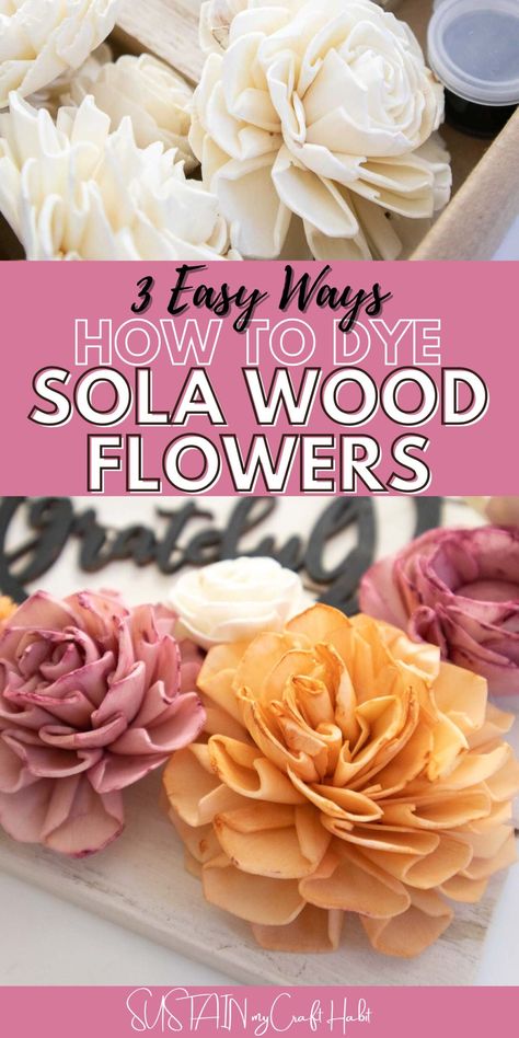 Wood Roses How To Make, How To Make Wood Flower Bouquet, Dye Wood Flowers, Painting Wood Flowers, How To Dye Flowers, Wooden Flower Painting Ideas, Wooden Flower Bouquet Diy, Wooden Flower Decor, Painted Wooden Flowers