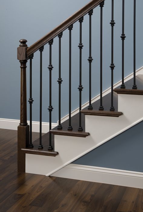 Matte Black Finish. 44-in square smooth baluster. Trim baluster from bottom for desired length. Add detail and hide the transition from baluster to step with a flat shoe. Additional finishes available. L.J. Smith Stair Systems 44-in Plain Matte Black Wrought Iron Baluster Stair Baluster | M 701 44 ETHSM Wrought Iron Stair Spindles, Iron Staircase Railing, Iron Stair Balusters, Wood Railings For Stairs, Stair Railing Makeover, Stairs Renovation, Wrought Iron Stair Railing, Rustic Stairs, Stair Banister