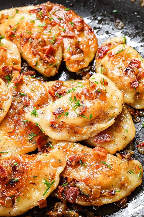 Easy Pierogi Dinner Ideas, Perogies And Ground Beef, What Goes With Pierogies, Perogies Sauce, Best Perogies Recipe, Recipe For Perogies, Recipes Using Pierogies, Meat Perogies Recipe, Polish Perogies Recipe