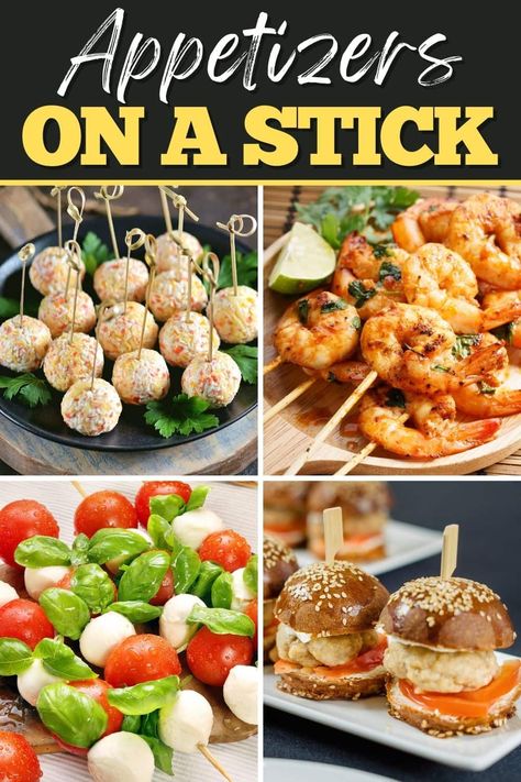 You'll be the hit of the party with these fun appetizers on a stick! From antipasto to mini-cheese balls to pizza, guests will get a kick out of these awesome bites. Appetizers On A Stick, Mini Food Appetizers, Bridal Brunch Food, Fun Appetizers, Antipasto Kabobs, Toothpick Appetizers, Individual Appetizers, Savory Pastries, Recipes With Ingredients