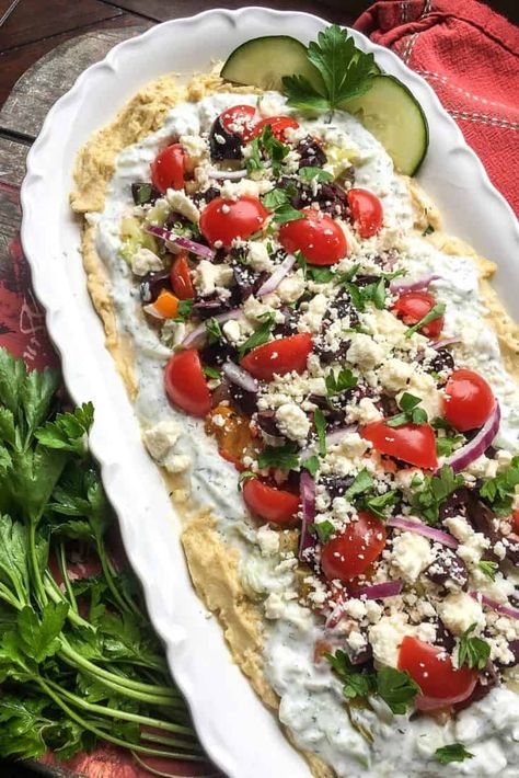 Greek 7 Layer Dip, Layered Hummus Dip, Layered Hummus, Greek Dip Recipes, Layer Dip Recipe, 7 Layer Dip Recipe, Greek Dip, Layered Dip Recipes, Football Appetizers