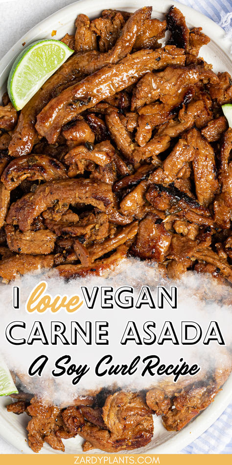 A large batch of vegan carne asada on a plater. Vegan Asada Tacos, Vegan Taco Tuesday Recipes, Vegan Recipes When Sick, Vegan Carne Asada Tacos, Vegan Shredded Beef, Easy Vegan Mexican Recipes, Vegan Quesadilla Recipes, Recipes With Soy Curls, Soy Recipes Healthy