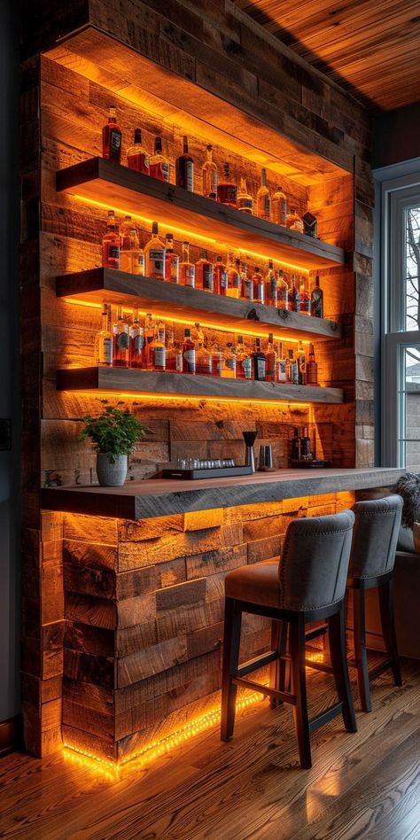 Rustic Wine Bar Ideas Home, Small Kegerator Bar Ideas, One Wall Bar Ideas, Interior Rustic Design Ideas, Cool Bars Designs Home, Bars For Home Modern, Bar Ideas For Home Man Caves, Basement Bar Corner, Basement Bar Lighting Ideas