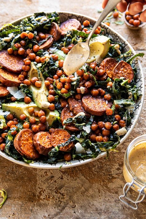 Kale Caesar, Kale Caesar Salad, Crispy Chickpeas, Salad With Sweet Potato, Half Baked, Half Baked Harvest, Caesar Salad, Unhealthy Food, Edamame