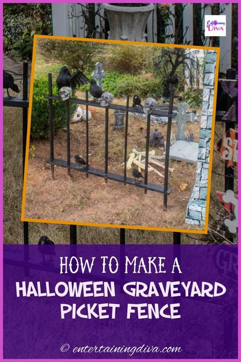 How to Make a DIY Halloween Cemetery Picket Fence | Halloween Outdoor Decorations Diy Halloween Cemetery, Halloween Fence, Halloween Cemetery, Halloween Outdoor Decoration, Outdoor Halloween Decor, Dollar Tree Halloween, Yard Haunt, Halloween Graveyard, Homemade Halloween Decorations