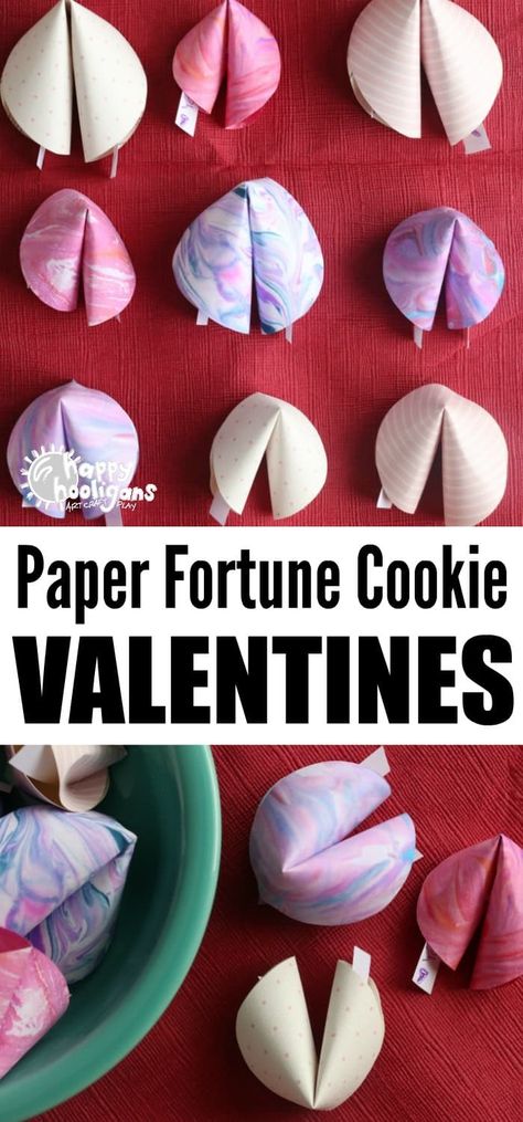 These paper fortune cookies are easy to make and fun for kids to give to their friends and classmates for Valentine's Day. Great last minute Valentine's craft for kids! See the video how-to in the post! #HappyHooligans #ValentinesCrafts #KidsCrafts #CraftsForKids #PaperCrafts #FortuneCookies  via @https://www.pinterest.com/happyhooligans/ Paper Fortune Cookies, Valentines Paper, Quotes Valentines Day, Saint Valentin Diy, Valentines Bricolage, Easy Valentine Crafts, Valentinstag Party, Diy Valentines Cards, Valentine Gifts For Kids