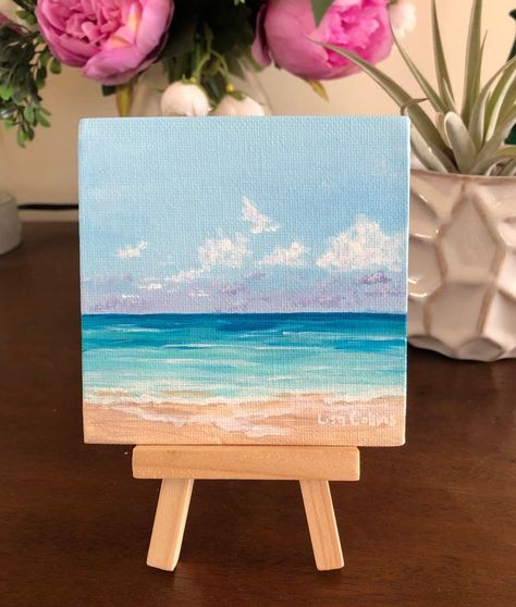 Acrylic Ocean Painting, Office Desk Wall, Acrylic Ocean, Mini 4x4, Beach Art Painting, Desk Wall, Small Canvas Paintings, Wall Shelf Decor, Simple Canvas Paintings