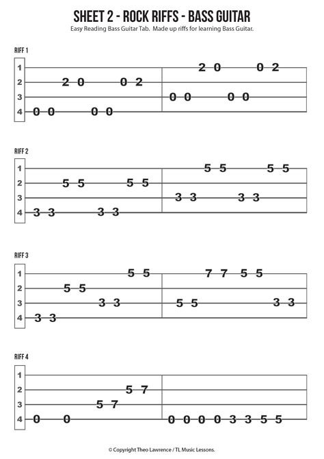 Sheet 2 - Rock Riffs for Learning Bass Guitar Bass Chords Songs, Bass Tabs Sheet Music, Bass For Beginners, Bass Guitar Notes Sheet Music, How To Read Guitar Tabs Sheet Music, Bass Guitar Chords Songs, Bass Guitar Chords Beginner, How To Play The Bass Guitar, Easy Bass Guitar Riffs