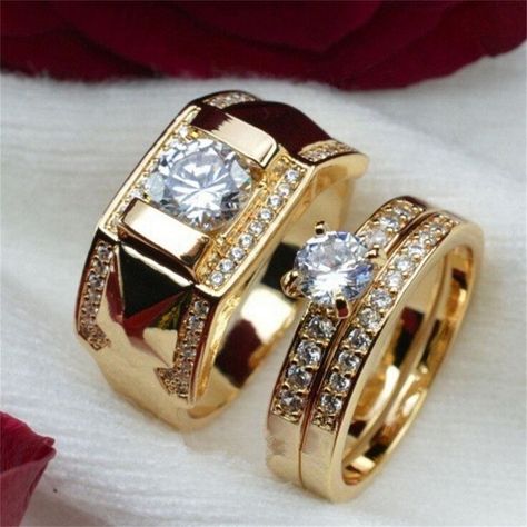 Couple Rings Gold, Rings With Diamonds, Couple Ring Design, Stainless Steel Wedding Ring, Engagement Rings Couple, Couples Ring Set, Gold Color Ring, Couple Wedding Rings, Gold Ring Designs