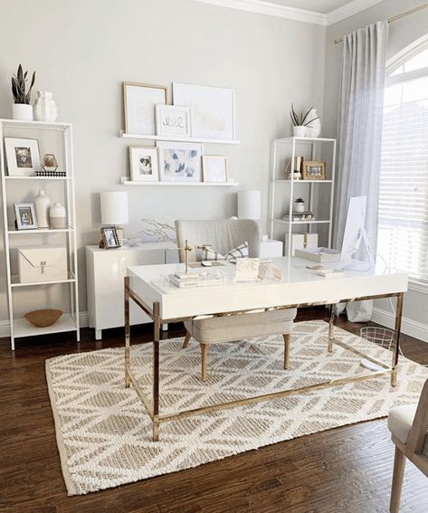 11 Stunning Home Offices With Feminine Desks. Big pretty work spaces that appeal to women with pretty desks. Home Office Window Behind Desk, Entry Office Home, White And Gray Office Decor, Corner Office Setup At Home, Home Office Boho Chic Desks, Gray White And Gold Office, Girly At Home Office, Mint Green Office Decor, Home Office Ideas For Women Vintage