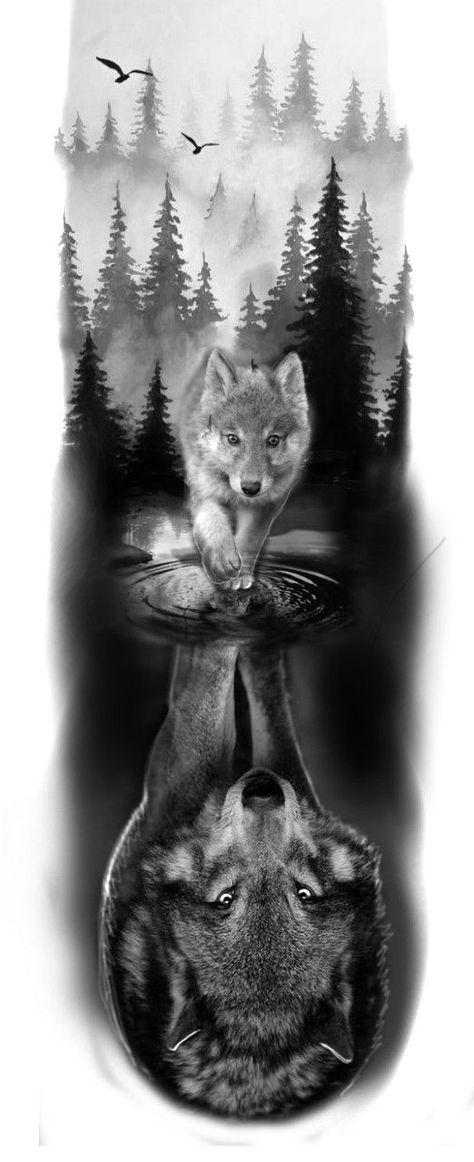 Pack Of Lion Tattoo, Lion And Wolf Tattoo Design, Wolf Sleeve Tattoo Design, Wolf Reflection Tattoo Design, Black And White Tattoos Sleeve, Wolf Woods Tattoo, Wolf Tattoo Leg Men, Wolf Tattoo Ideas For Women Thigh Piece, Wolf Goddess Tattoo