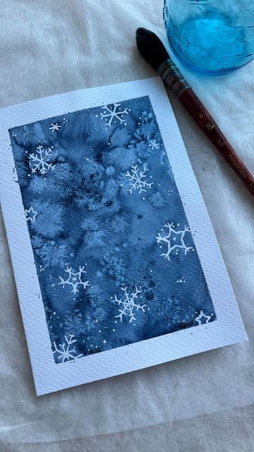 Snowflake Painting Ideas, Watercolour Masking Fluid Ideas, Watercolor Salt Technique, Watercolor Winter Art, Watercolor Snowman Tutorial, Snowflakes Painting, Christmas Watercolor Ideas Xmas Cards, Christmas Cards Painted, January Watercolor