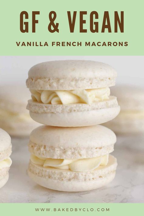 two white french macarons stacked on top of one another Aquafaba Recipes, Vegan Macarons, Macarons Recipe, Vegan Pastries, Vegan French, Vegan Baking Recipes, Vegan Cake Recipes, Vegan Bakery, Vegan Gluten Free Recipes