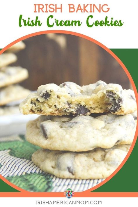 Chocolate chip oatmeal cookies with Irish cream liqueur baking chips are a taste of Ireland in a cookie. Irish Oatmeal Cookies, Irish Baking, Easy Irish Recipes, Irish Cookies, Irish Dessert Recipes, 15 Cookies, Irish Oatmeal, Whiskey Chocolate, Irish Apple Cake