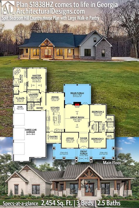 Floor Printable, One Level House Plans, Three Bedroom House Plan, House Plans 3 Bedroom, House Plans One Story, House Plans Ideas, Custom Home Plans, Three Bedroom House, Country House Plan