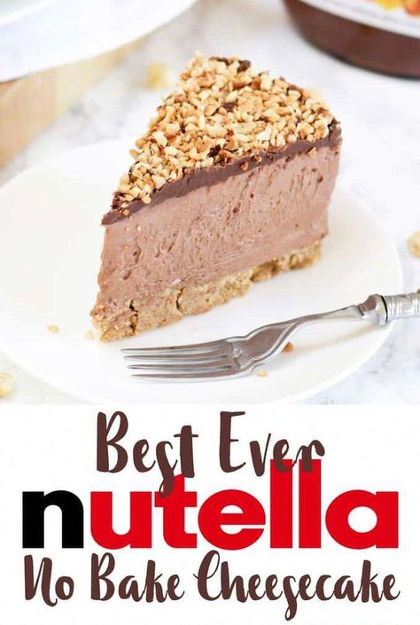 This is the ULTIMATE No Bake Nutella Cheesecake. Incredibly easy and utterly delicious. This chocolate and hazelnut delight is a must make for Nutella fans! Light and creamy, with a buttery biscuit base and roasted hazelnut topping. Look no further for THE best Nutella cheesecake recipe. #chocolatecheesecake Nutella No Bake, Nutella Cheesecake Recipes, No Bake Nutella Cheesecake, Nutella Cheesecake, Bake Cheesecake, Nutella Recipes, Dessert Dips, Bake Dessert, No Bake Cheesecake