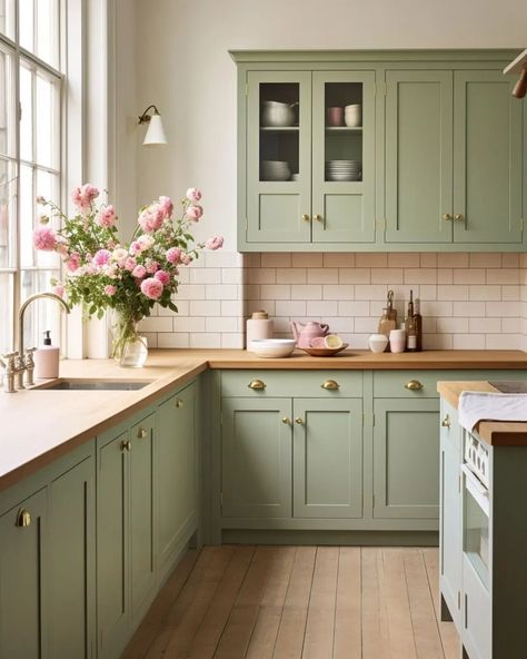 Colorful Interiors Kitchen, 2 Tone Cabinets Kitchen, Kitchen With Green Cabinets, Victorian Farmhouse Kitchen, Sage Kitchen, Green Kitchen Designs, Sage Green Kitchen, Green Kitchen Cabinets, Green Cabinets