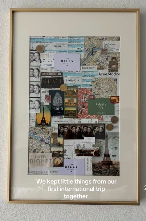 Aesthetic Art Gifts, Tac Board Decor Ideas, How To Frame Postcards, Our First Apartment Keepsake, Travel Picture Frame, Wall Decor Room Aesthetic, Memory Collage Frame, Travel Collage Frame, Travel Frame Ideas Display