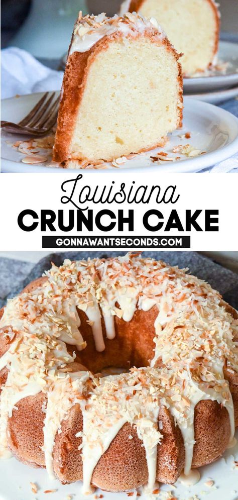 Colorado Crunch Cake Recipe, Crunch Cake Recipe Louisiana, Pound Cake Muffins Recipes, Coconut Louisiana Crunch Cake, Louisiana Crunch Pound Cake, Southern Bundt Cake Recipes, Louisiana Thanksgiving Recipes, Louisiana Crunch Cake Recipe, Donut Pound Cake