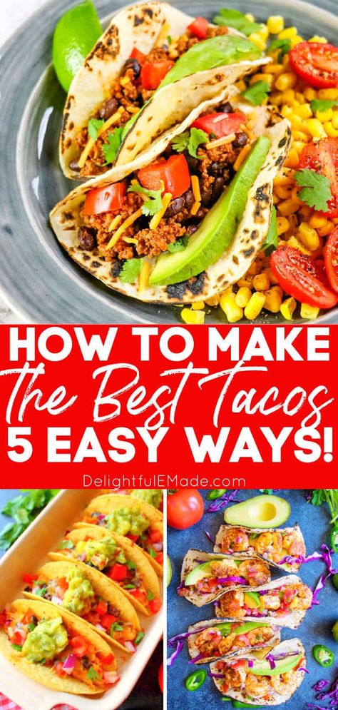 Wondering how to make tacos from scratch? Wondering how do you make tacos? I’ve got 5 super easy taco recipes that can be adapted multiple ways, given the ingredients that you already have at home. These taco recipes can be done in 15 minutes or less! || Delightful E Made Best Taco Meat Recipe, Soft Tacos Recipes, Salmon Tacos Recipe, Easy Taco Salad Recipe, Indian Tacos, Easy Taco Recipes, Quick Pasta Recipes, How To Make Taco, Taco Ingredients