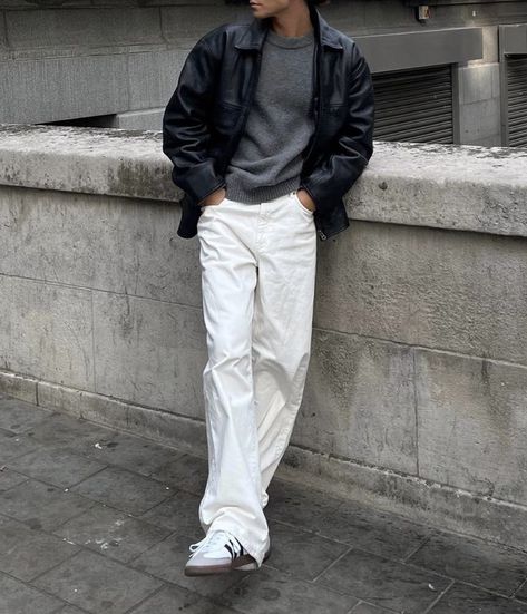 Mens Outfit Black, White Trousers Outfit Men, White Pants Outfit Winter, White Pants Winter, Cotton Wide Leg Pants, White Pants Men, Blue Pants Men, Wide Leg Pants Casual, Black Outfit Men