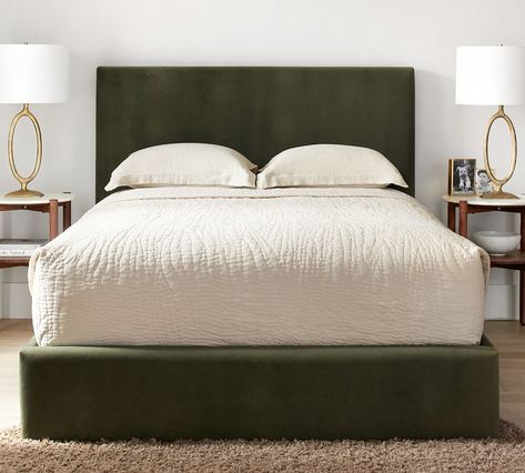 Raleigh Square Upholstered Low Platform Bed without Nailheads, Queen, Park Weave Ash | Pottery Barn Alton Bed Living Spaces, Master Bed Frames, No Footboard Beds, California King Bed Frames, Low Frame Bed, Guys Apartment Bedroom, King Bedframe Ideas, Navy Bed Frame, Bedroom Beds & Frames