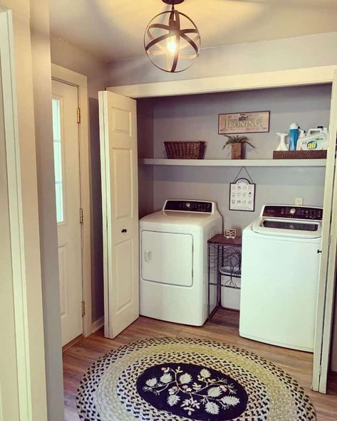 Hallway Washer And Dryer Closet, Laundry Closet Makeover Hallways, Laundry Closet In Bathroom, Open Laundry Closet Ideas, Closet Converted To Laundry Room, Closet To Laundry Conversion, Hallway Laundry Ideas, Laundry Closet Decor Ideas, No Door Laundry Room