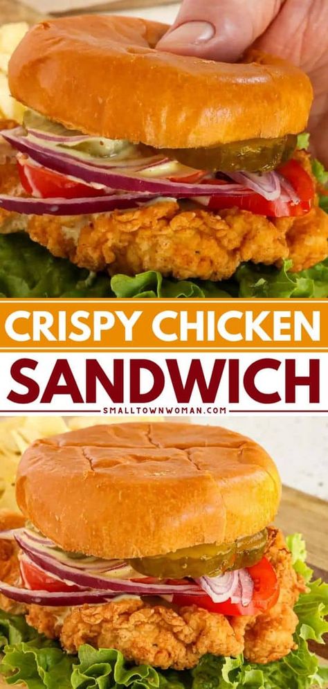 A quick lunch recipe or family dinner idea in just 30 minutes! It features fried chicken breast. Piled atop brioche buns with fixings, this Crispy Chicken Sandwich will rival any Popeyes, Chick-Fil-A, or other restaurants! Chicken Breast Sandwich Recipes, Easy Chicken Sandwich, Juicy Fried Chicken, Crispy Chicken Sandwich, Chicken Breast Sandwich, Easy Fried Chicken, Chicken Delight, Crispy Chicken Breast, Crispy Chicken Sandwiches