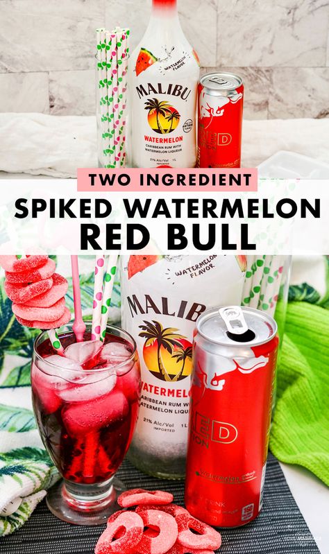 Spiked Watermelon Red Bull Cocktail - Love and Marriage Red Bull And Alcohol, Easy Red Drinks Alcohol, Watermelon Mixed Drinks Alcohol, Redbull Drink Recipes Alcohol, Watermelon Red Bull Cocktails, Red Bull Vodka Drinks, Alcoholic Drinks With Redbull, Alcohol Drinks With Red Bull, Cocktails With Red Bull