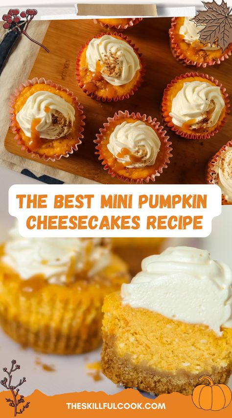 Mini pumpkin cheesecakes with creamy filling, perfect for fall baking and bite-size holiday desserts. Gluten Free Mini Pumpkin Cheesecake, Mini Pumpkin Pie Cheesecake Recipe, Fall Mini Cheesecake Recipes, Mini Pumpkin Cheesecake Recipes, Mini Pumpkin Cheesecake Bites, Mini Pumpkin Pie Cheesecake, Fancy Fall Desserts, Pumpkin Cheescake, Pumpkin Cheesecake Bites