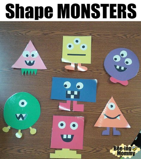 Shape monsters for a monster themed bulletin board or teaching shapes to students Shape Board Preschool, Colors And Shapes Bulletin Board Ideas, Shapes Board Ideas, Shapes Theme Board Preschool, Shape Theme Preschool, Shapes Project For Kids, Shape Crafts Preschool, Shape Crafts For Toddlers, Shape Crafts For Preschoolers